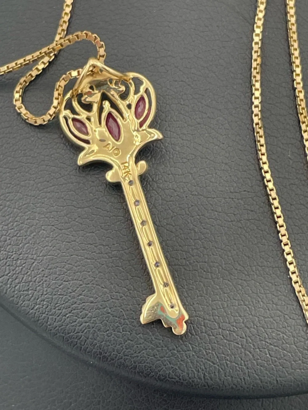 14K Gold Ruby Diamond Key Pendant Necklace 30” Box Chain Authenticated Estate - Picture 3 of 10